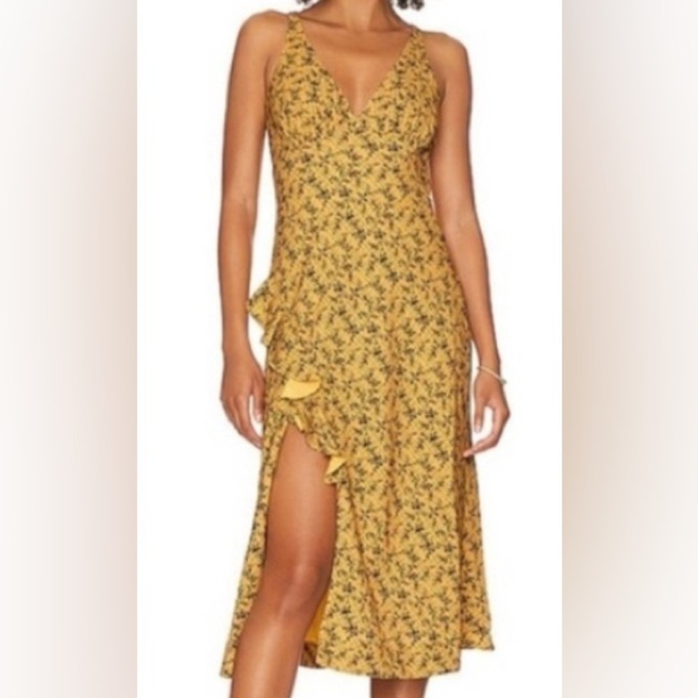 RHODE Mustard Yellow Floral
“Irvetta” Ruffle Midi Dress Size Small